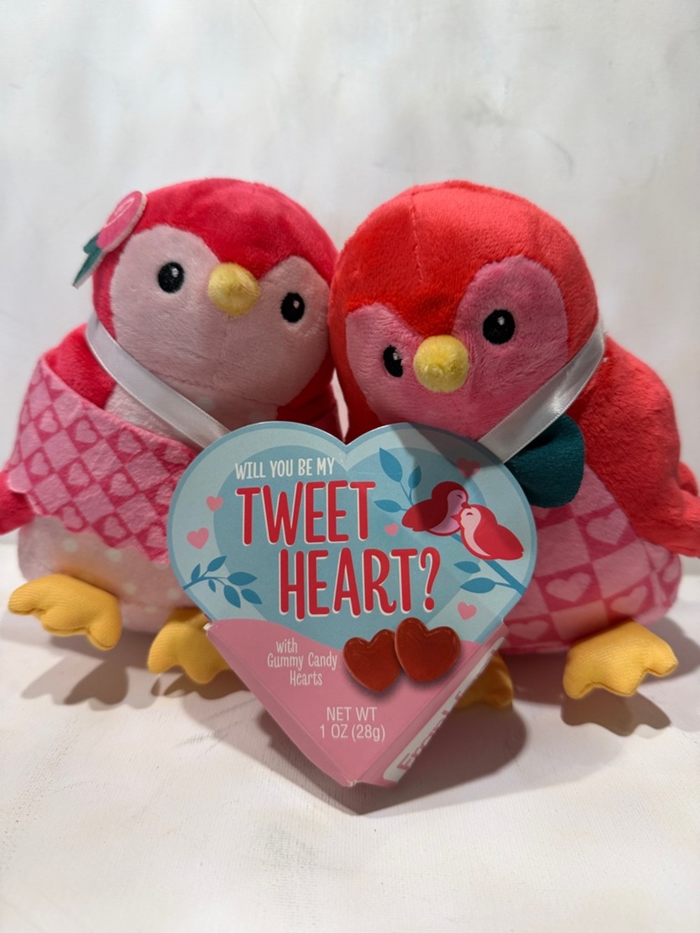 Pink Plush Valentine Bird Couple with Heart Candy - Cute Pink Gift Set